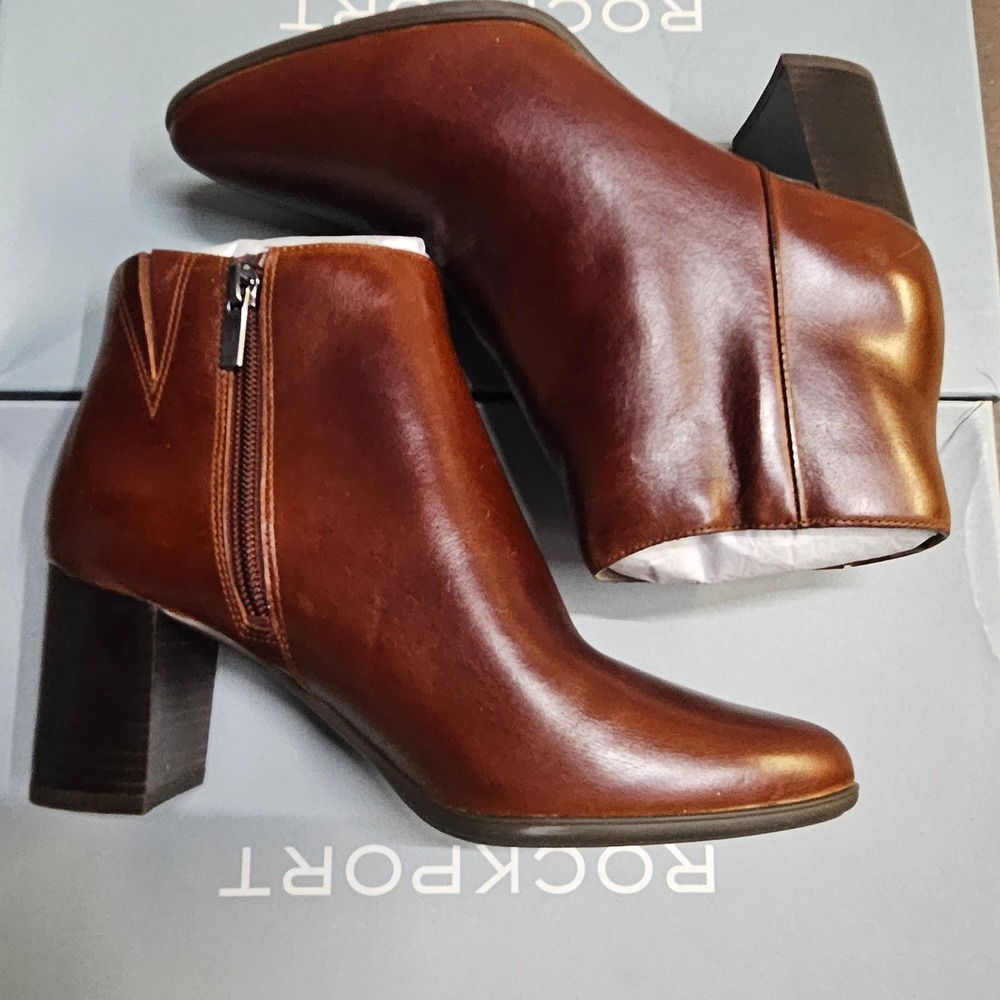 Rockport TN Lynix Ankle Boots Havane Leather Block Heel Zip Womens 5M CG8352